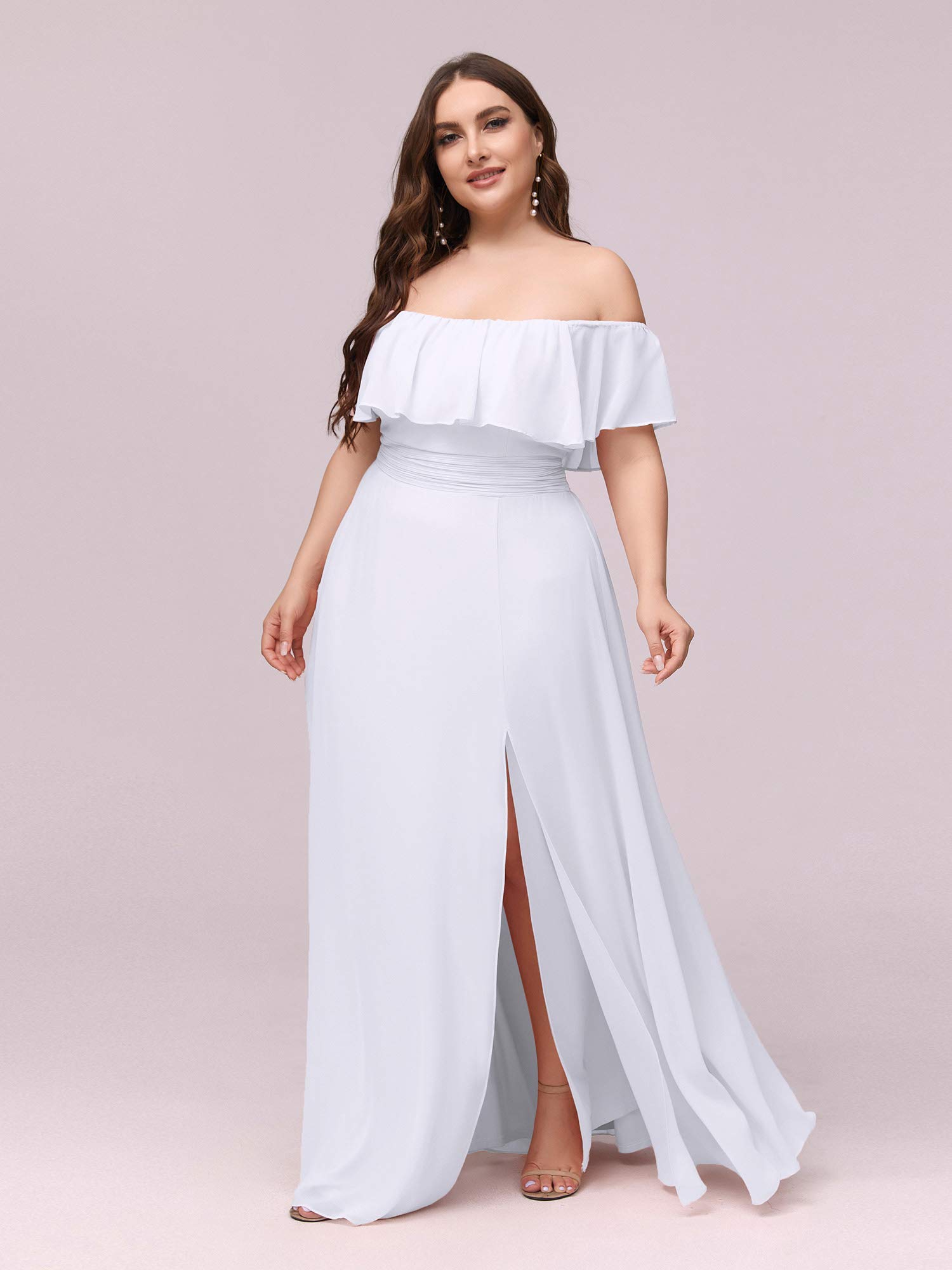 Ever-Pretty Women's Off Shoulder Ruffle Sleeves Side Split Chiffon Plus Size Semi Formal Dresses for Women White US24