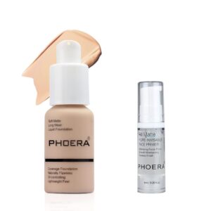 phoera soft matte full coverage foundation and concealer, poreless, waterproof, blendable long lasting 24hr foundation 30ml with 6ml makeup lasting facial moisturizing face primer (102 nude)