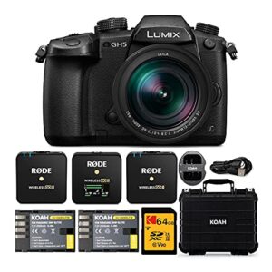 panasonic lumix dc-gh5lk gh5 4k mirrorless camera with leica dg 12-60mm lens with rode microphones wireless go ii wireless mic system and accessory bundle (5 items)