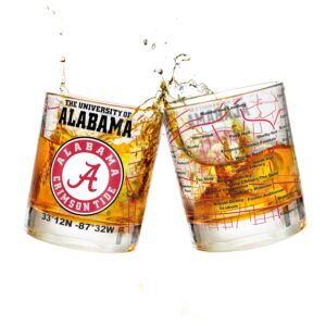 the university of alabama whiskey glass set (2 low ball glasses) - contains full color alabama logo & campus map - alabama gift idea for college grads & alumni - college cocktail glassware