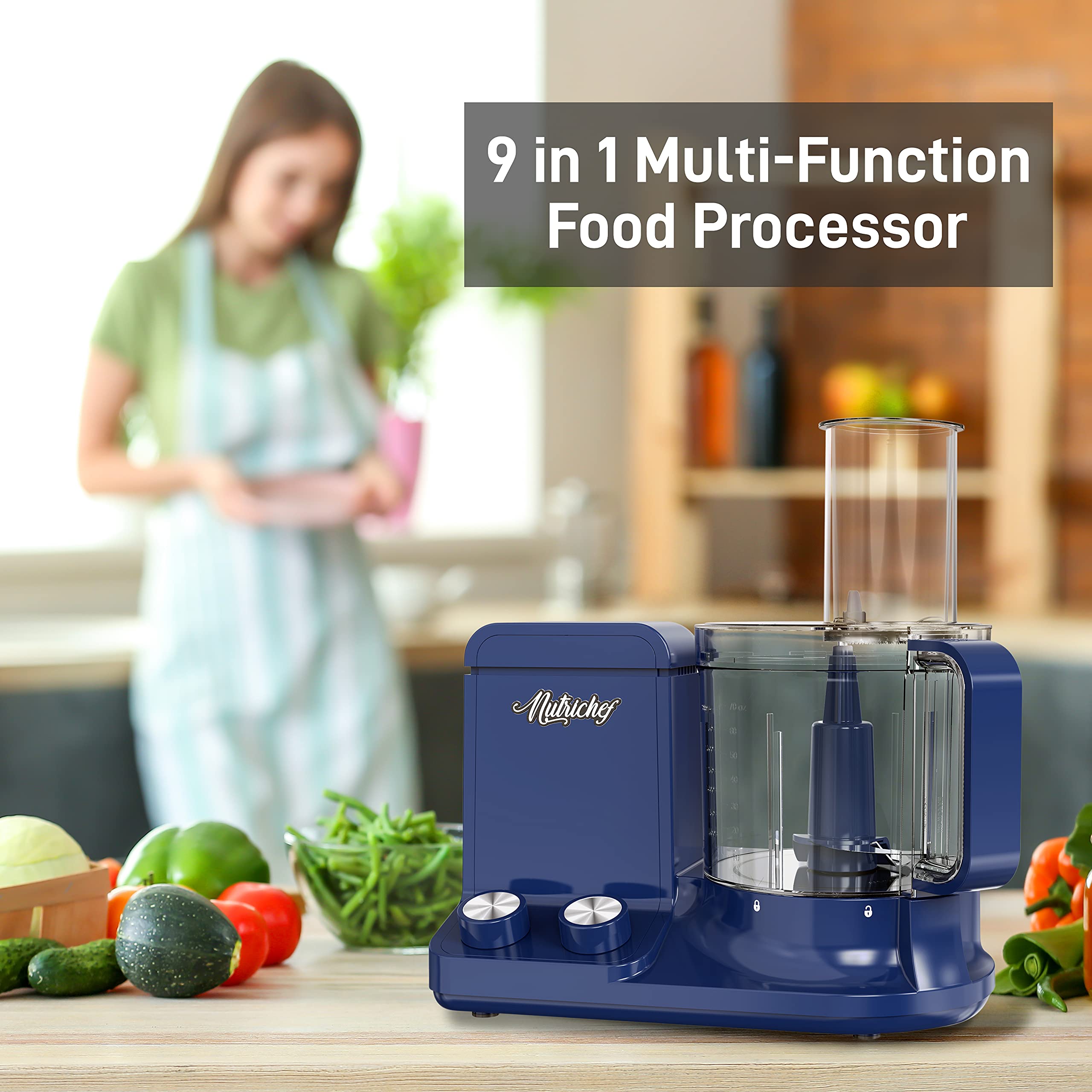 NutriChef Food Processor 2 Liter Capacity - Multipurpose & Ultra Quiet Motor - Includes 6 Attachment Blades & Silicone Feet to Prevent Slippage - 12 Cup Capacity - Pre-Set Speed For Easy Use - Blue