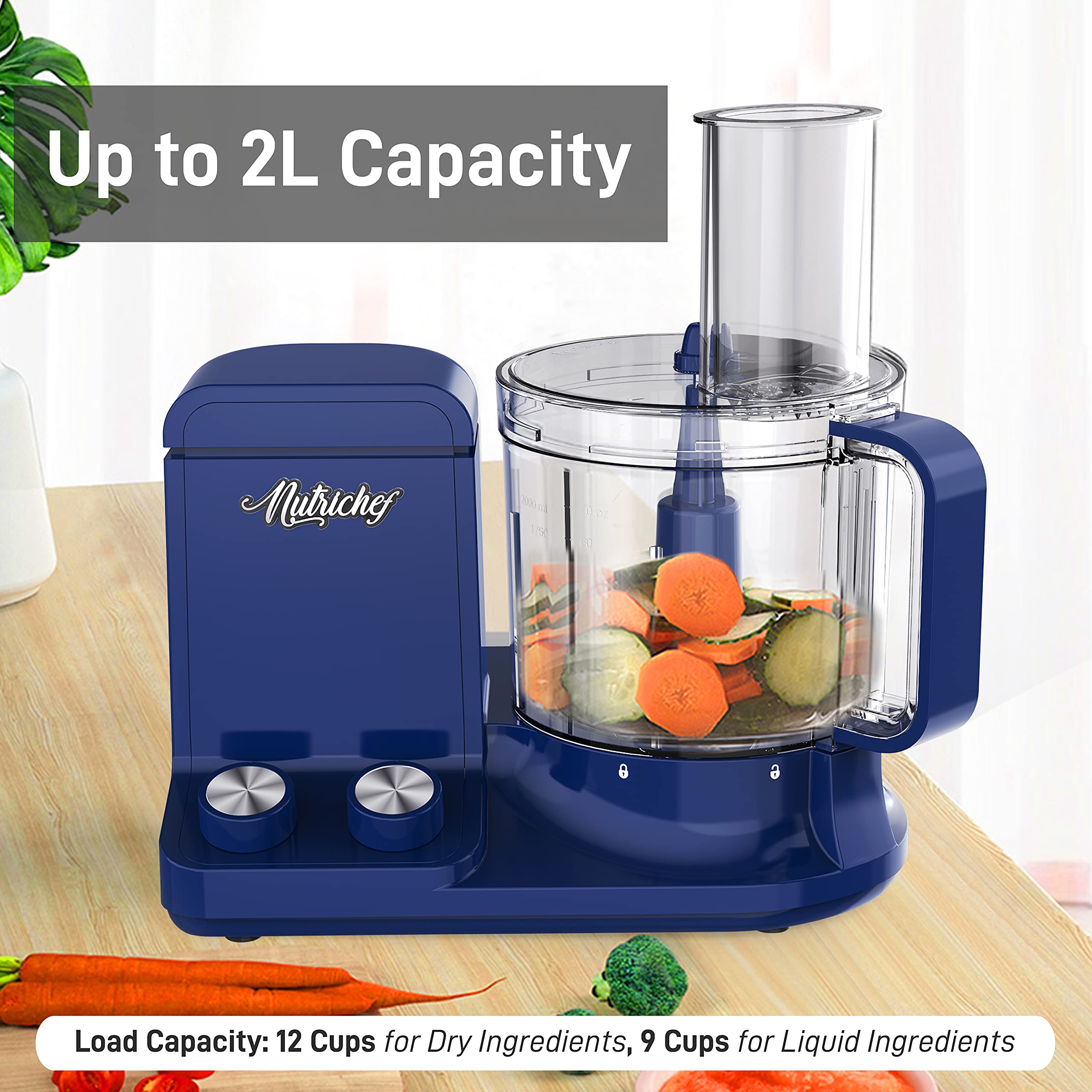 NutriChef Food Processor 2 Liter Capacity - Multipurpose & Ultra Quiet Motor - Includes 6 Attachment Blades & Silicone Feet to Prevent Slippage - 12 Cup Capacity - Pre-Set Speed For Easy Use - Blue