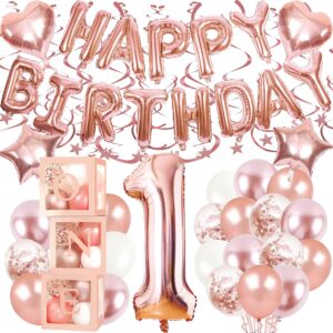 first birthday balloon boxes decorations for girl, 72pcs 1st birthday party decorations includes white transparent boxes baby rose gold balloons 40 inch foil balloons 18 inch happy birthday foil