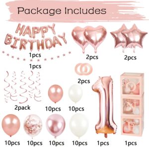 First Birthday Balloon Boxes Decorations for Girl, 72Pcs 1st Birthday Party Decorations Includes White Transparent Boxes Baby Rose Gold Balloons 40 Inch Foil Balloons 18 Inch HAPPY BIRTHDAY Foil