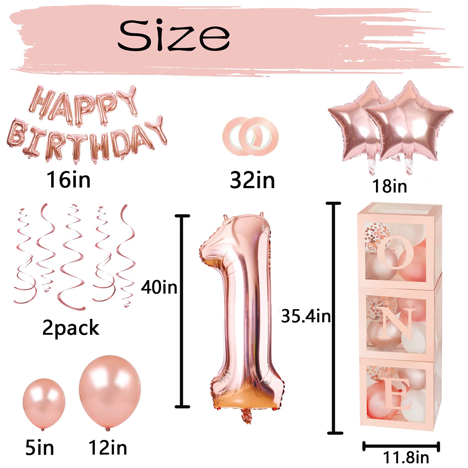 First Birthday Balloon Boxes Decorations for Girl, 72Pcs 1st Birthday Party Decorations Includes White Transparent Boxes Baby Rose Gold Balloons 40 Inch Foil Balloons 18 Inch HAPPY BIRTHDAY Foil