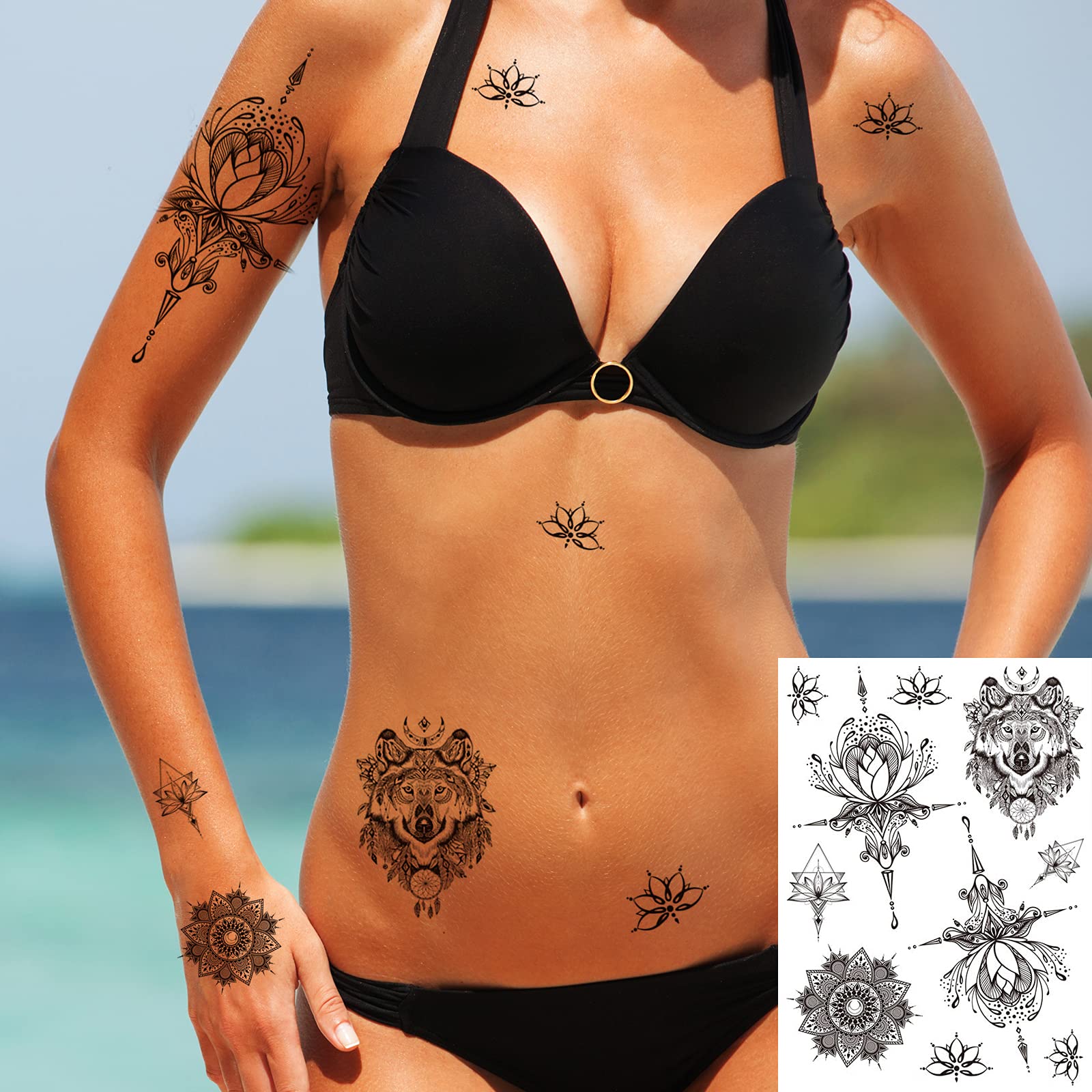 Zetong 32 Sheets Black Henna Temporary Tattoos for Adults Women Girls, Feather Mandala Flower Body Art Large Big Arm Tattoos Sheet Lace Mehndi Mandala Tattoo 32 Count Pack of 1