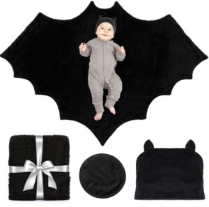 bumba kids baby bat swaddle blanket gift set with 12 baby monthly stickers and plush baby bat hat, 46x36 inch halloween baby blanket is the perfect goth baby stuff for gothic baby nursery