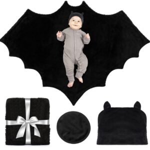 Bumba Kids Baby Bat Swaddle Blanket Gift Set with 12 Baby Monthly Stickers and Plush Baby Bat Hat, 46x36 inch Halloween Baby Blanket is The Perfect Goth Baby Stuff for Gothic Baby Nursery