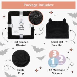 Bumba Kids Baby Bat Swaddle Blanket Gift Set with 12 Baby Monthly Stickers and Plush Baby Bat Hat, 46x36 inch Halloween Baby Blanket is The Perfect Goth Baby Stuff for Gothic Baby Nursery