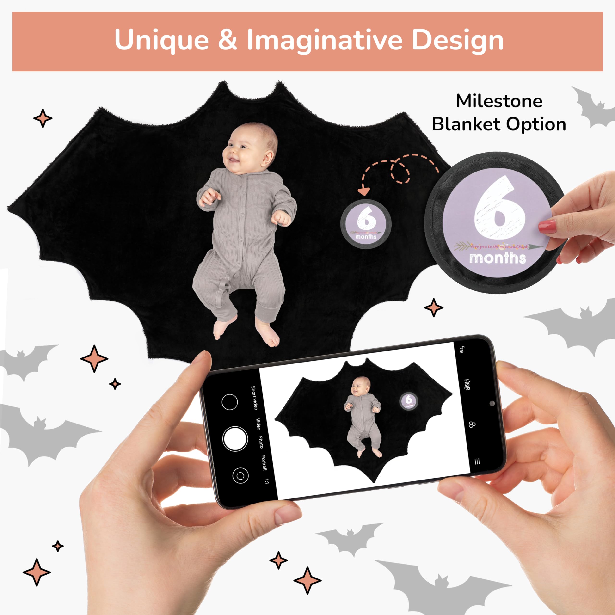 Bumba Kids Baby Bat Swaddle Blanket Gift Set with 12 Baby Monthly Stickers and Plush Baby Bat Hat, 46x36 inch Halloween Baby Blanket is The Perfect Goth Baby Stuff for Gothic Baby Nursery