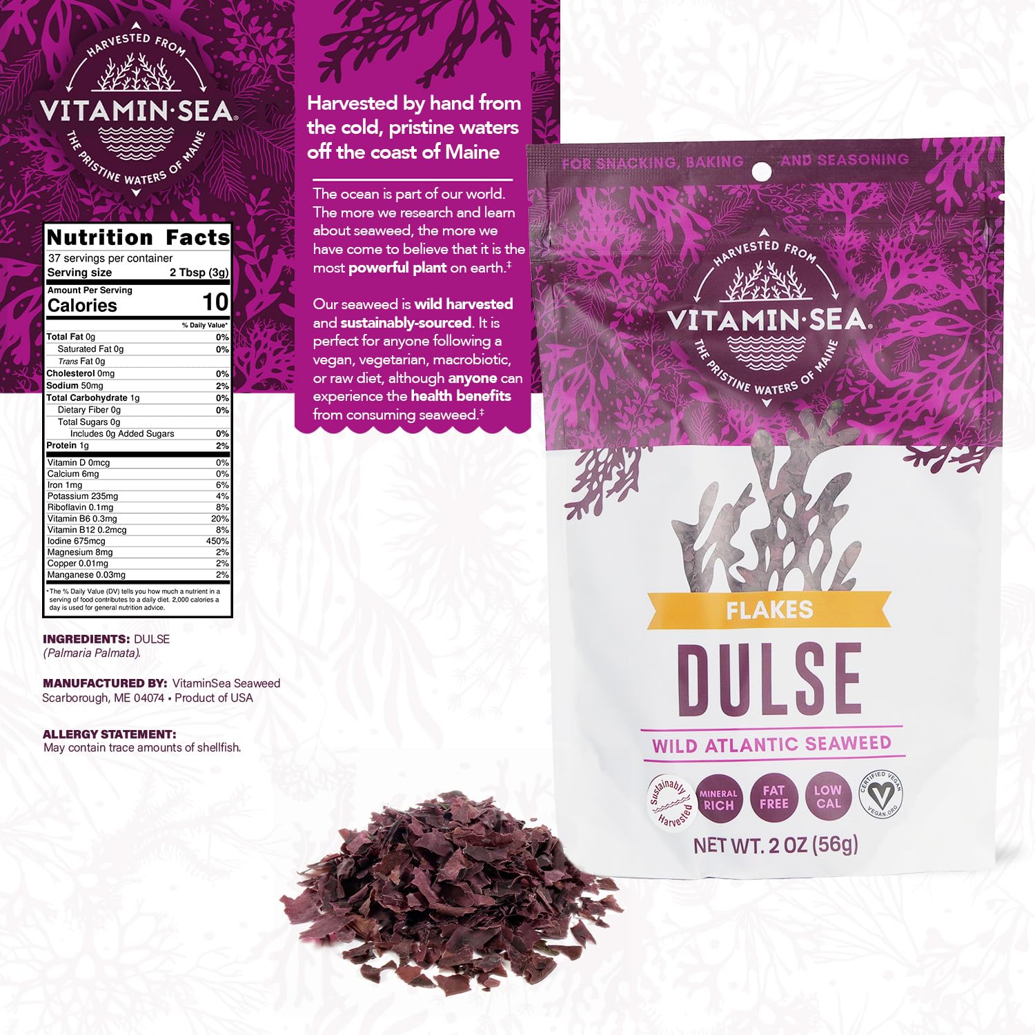 VITAMINSEA Dulse Dried Seaweed | Wild North Atlantic Seaweed for Snacking, Seasoning, Soups & Salads | Rich in Vitamins, Minerals & Antioxidants Perfect for Thyroid Support | Flakes (4 OZ)