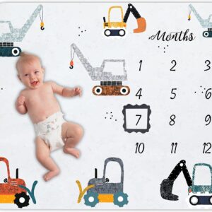 EARVO Baby Monthly Milestone Blanket Boy or Girl Construction Truck Baby Month Blanket with Wreath Frame Cartoon Truck Milestone Blanket for Newborn to 12 Months Milestones 47”x40”BTZDEA8
