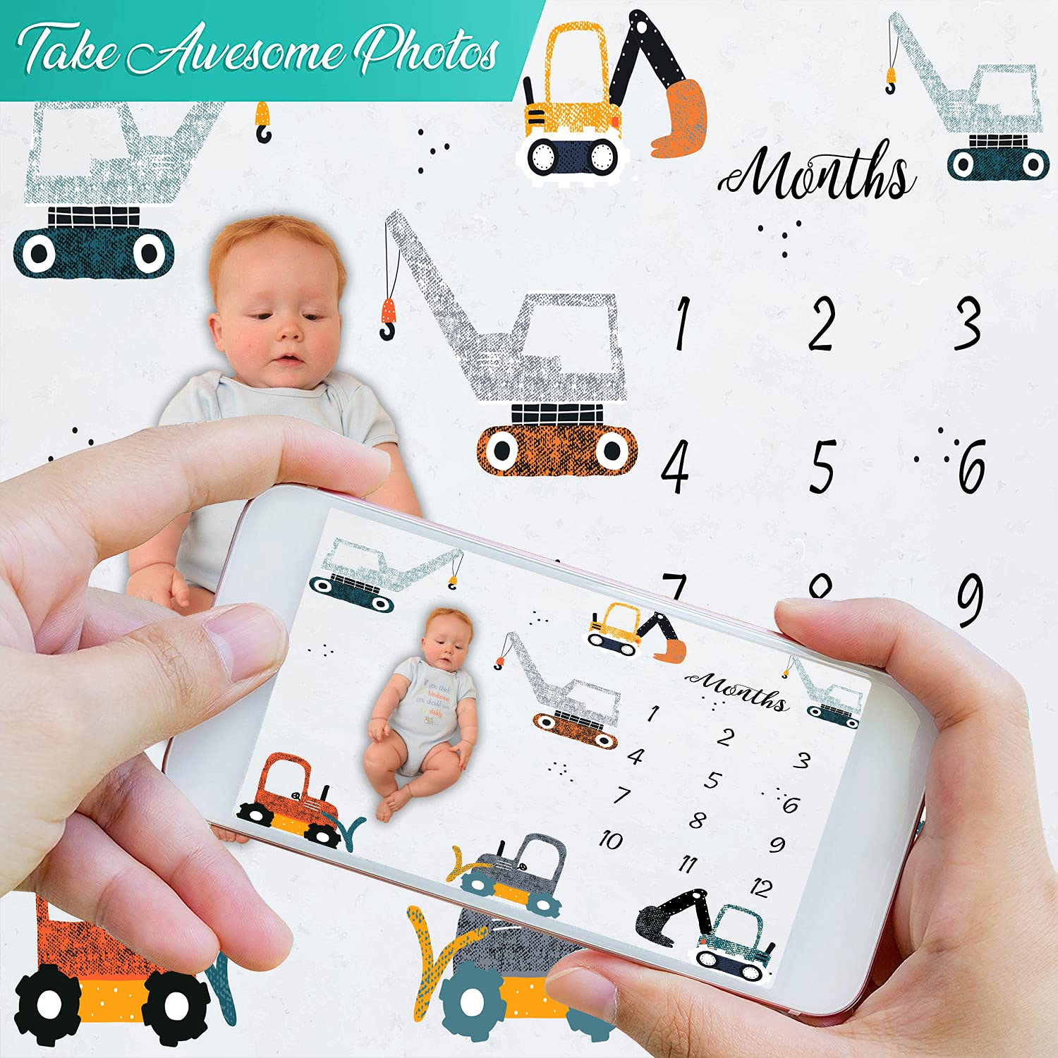 EARVO Baby Monthly Milestone Blanket Boy or Girl Construction Truck Baby Month Blanket with Wreath Frame Cartoon Truck Milestone Blanket for Newborn to 12 Months Milestones 47”x40”BTZDEA8