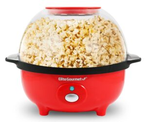 elite gourmet epm330r automatic stirring 3qt. popcorn maker popper, hot oil popcorn machine with measuring cap & built-in reversible serving bowl, great for home party kids, safety etl approved, red
