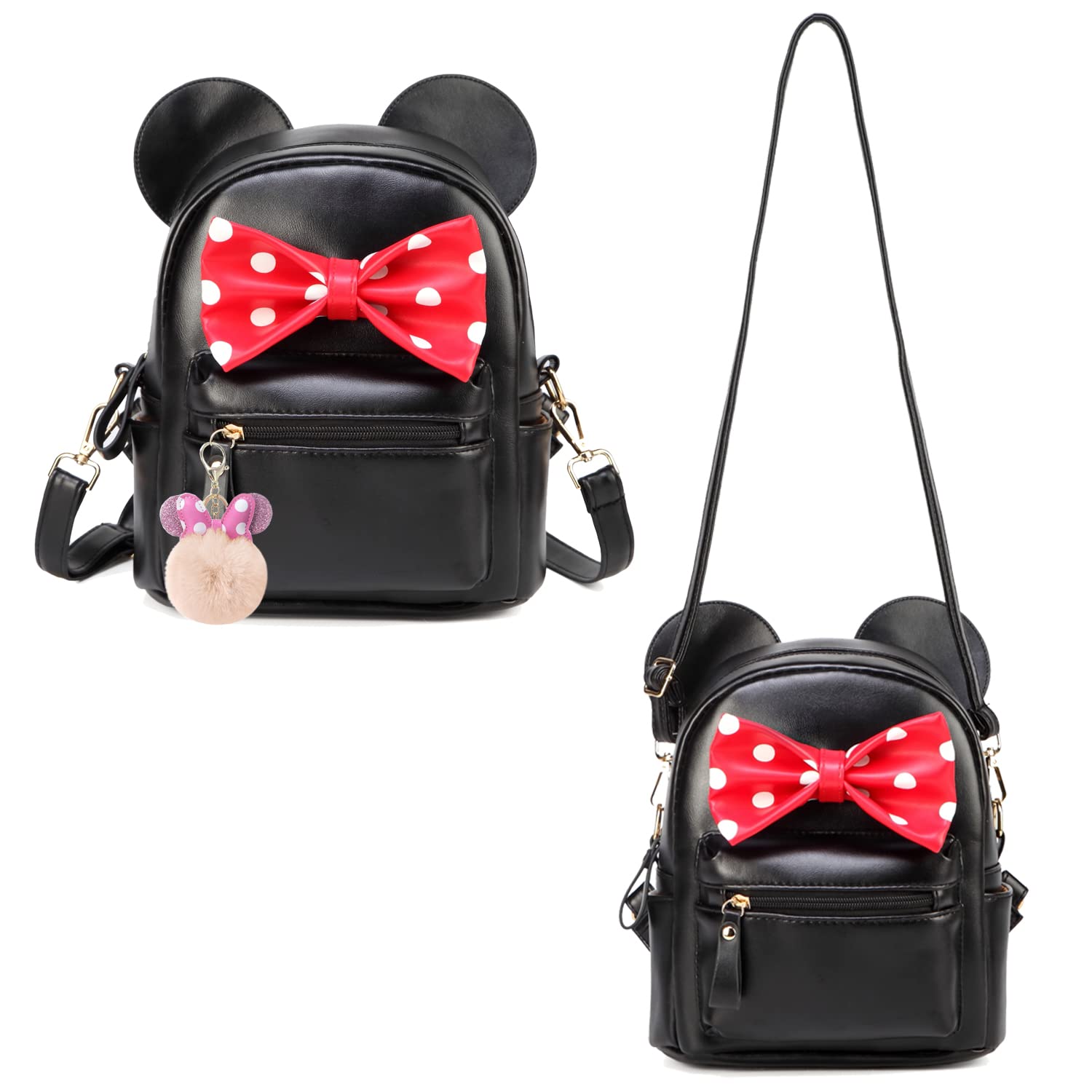 Sunwel Fashion Girls Mini Backpack Purse Mouse Ear Polka-dot Sequin Bow Convertible Backpack to Crossbody Bag for Women (black polkadot bow, W8.7 x H10)