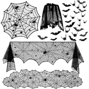 5 pack halloween decorations tablecloth set, black lace table runner round spider cobweb table cover fireplace mantel scarf spiderweb lampshade with 48pcs scary 3d bat for halloween party decor