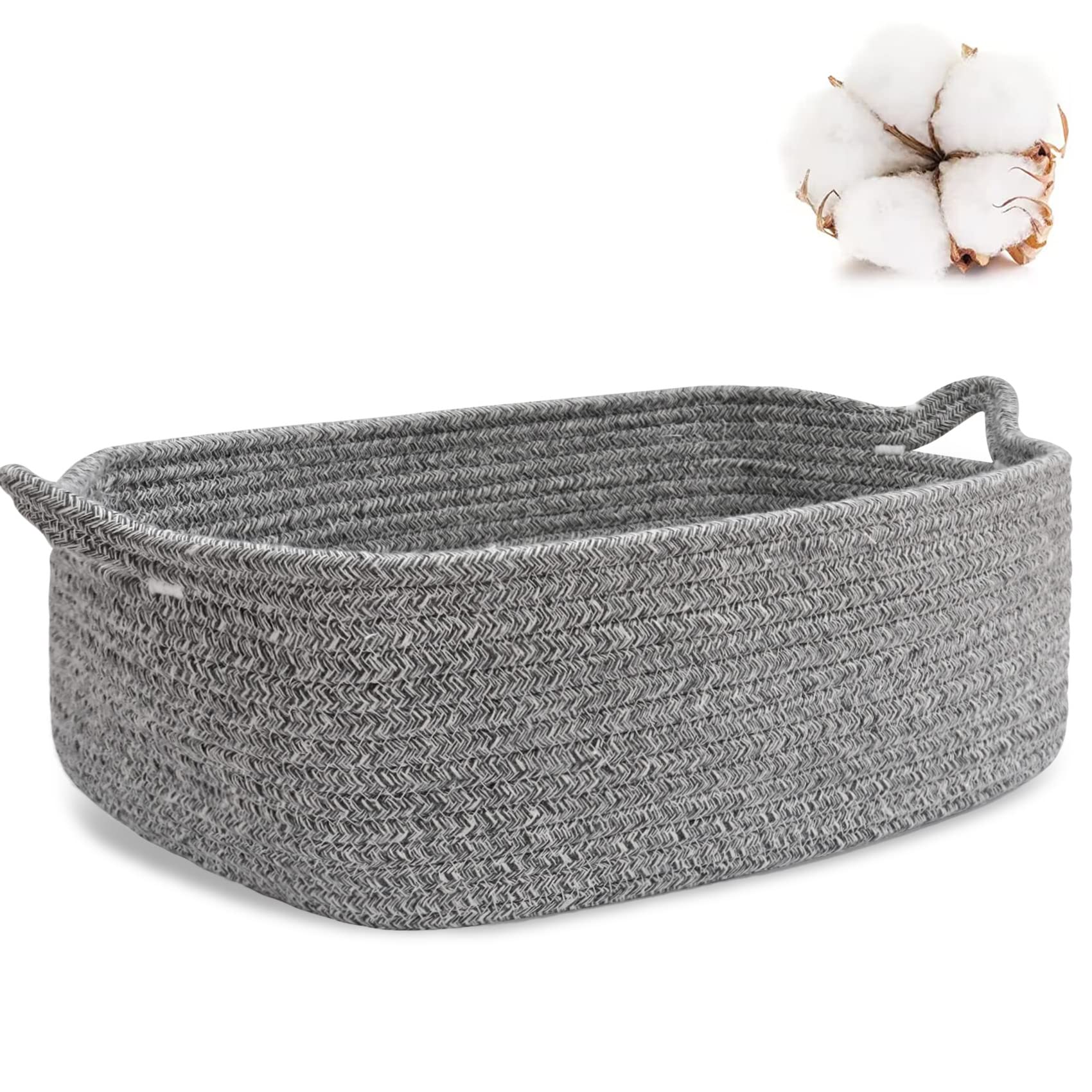ABenkle Rope Storage Basket, 14.2''x 11''x 5.1'' Cotton Woven Dog Cat Toy Bins, Cube Soft Baskets with Handles, Decorative Shelves Closet Organizing for Nursery Laundry Bedroom Bathroom - Grey