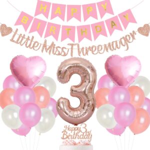 joymemo 3rd birthday decorations for girls pink and rose gold happy birthday banner cake topper, little miss threenager garland, rose gold large number 3 foil balloon and pink heart balloons