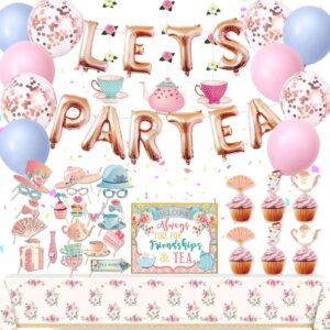 tea party decorations, tea party set for little girls, let's par tea balloons, tea party tablecloth, photobooth props, cupcake toppers, hanging decors for bridal shower birthday party baby shower
