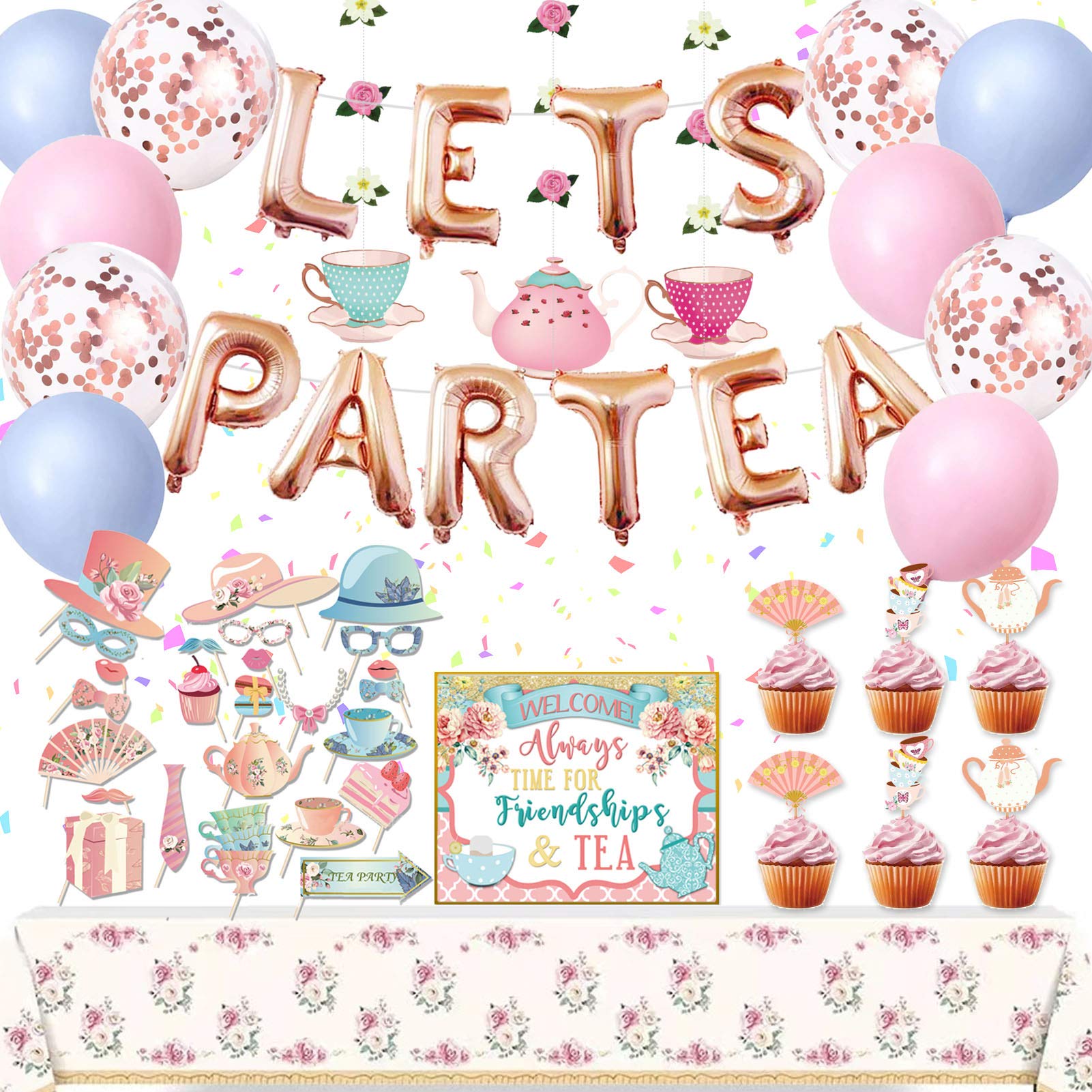 Tea Party Decorations, Tea Party Set for Little Girls, Let's Par Tea Balloons, Tea Party Tablecloth, Photobooth Props, Cupcake Toppers, Hanging Decors for Bridal Shower Birthday Party Baby Shower