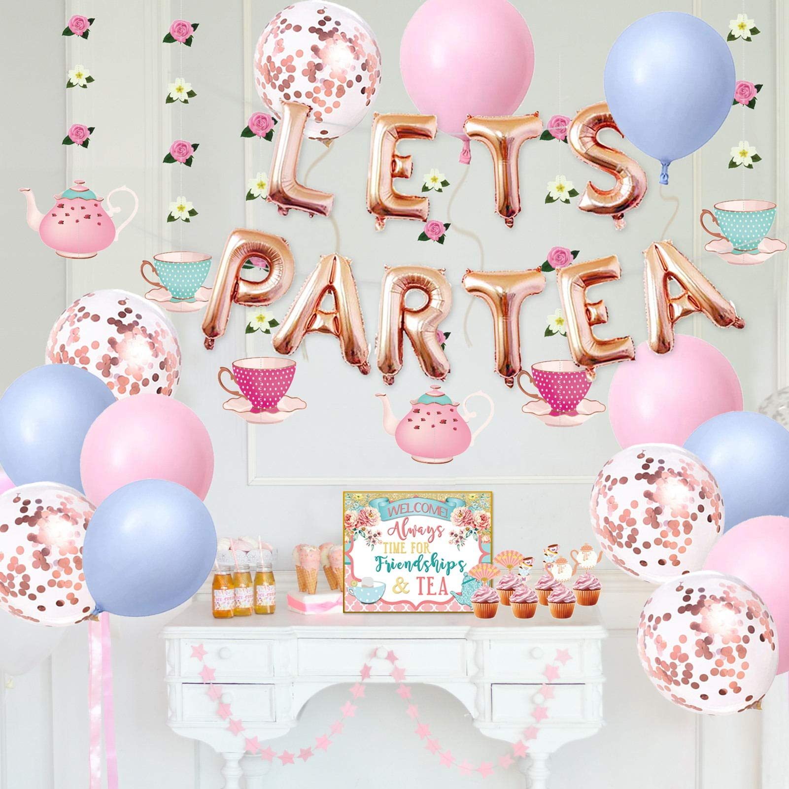 Tea Party Decorations, Tea Party Set for Little Girls, Let's Par Tea Balloons, Tea Party Tablecloth, Photobooth Props, Cupcake Toppers, Hanging Decors for Bridal Shower Birthday Party Baby Shower