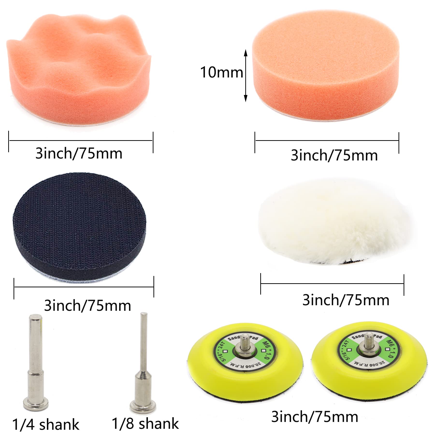 3 Inch Sandpaper Grit 60-10000 Wet Dry Sander Sheets with 1/8"&1/4"Shank Backer Plate and Soft Foam Buffering Pad Grinding Abrasive Sponge Sanding Disc Pad Kit for Wood Metal Mirror Jewelry Car 128pcs