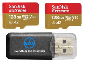 sandisk extreme microsd card 128gb (2 pack) memory card for dji fpv drone (sdsqxa1-128g-gn6mn) class 10 4k video speed v30 uhs-i u3 a2 sdxc bundle with (1) everything but stromboli micro card reader