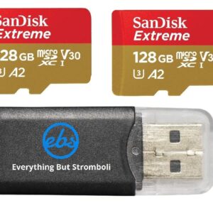 SanDisk Extreme MicroSD Card 128GB (2 Pack) Memory Card for DJI FPV Drone (SDSQXA1-128G-GN6MN) Class 10 4K Video Speed V30 UHS-I U3 A2 SDXC Bundle with (1) Everything But Stromboli Micro Card Reader