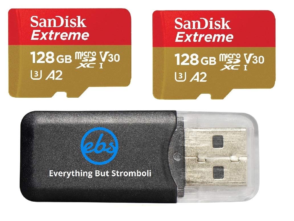 SanDisk Extreme MicroSD Card 128GB (2 Pack) Memory Card for DJI FPV Drone (SDSQXA1-128G-GN6MN) Class 10 4K Video Speed V30 UHS-I U3 A2 SDXC Bundle with (1) Everything But Stromboli Micro Card Reader