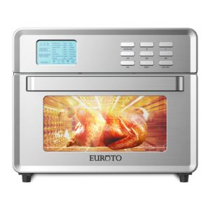 euroto stainless steel large capacity 26.8 qt air fryer oven, 24 in 1 multi-function, 360 air circulation toaster oven, lcd digital display, 4 layer shelves, included oven gloves & apron up to 450°f