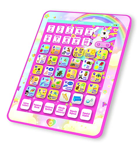 Lexibook Unicorn Educational Bilingual Interactive Learning Tablet, Toy to Learn Alphabet Letters Numbers Words Spelling and Music, English / Spanish Languages, Pink, JCPAD002UNIi2