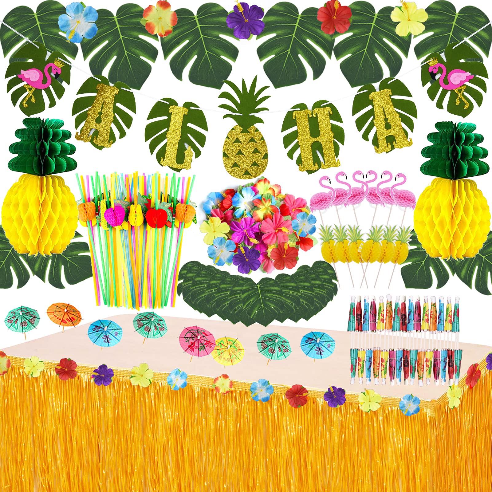 JOPHMO Tropical Luau Party Decoration Pack Hawaiian Beach Theme Party Favors Luau Party Supplies (112 PCS) including Banner, Table Skirt, Straws, Flamingo, Pineapple Décors.