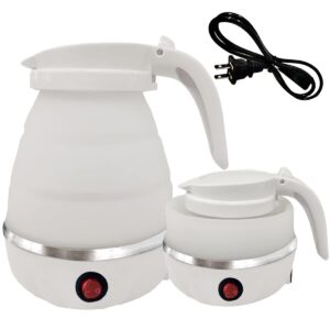foldable portable electric kettle with food grade silicone, 6 mins fast water boiling tea pot coffee pot for camping or travel, collapsible kettle with separable power cord 110v us plug 600ml white