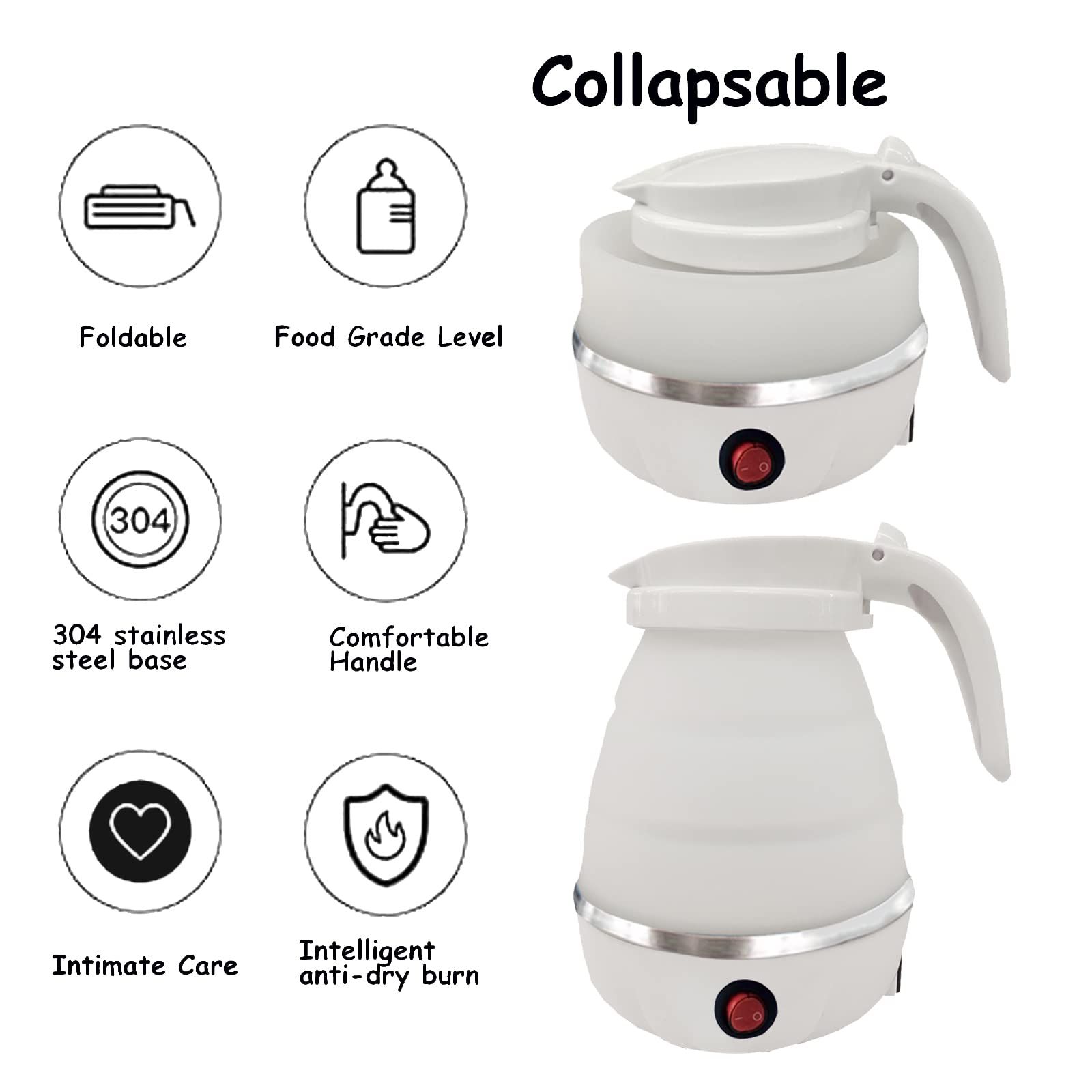 Foldable Portable Electric Kettle with Food Grade Silicone, 6 Mins Fast Water Boiling Tea Pot Coffee Pot for Camping or Travel, Collapsible Kettle with Separable Power Cord 110V US Plug 600ML White