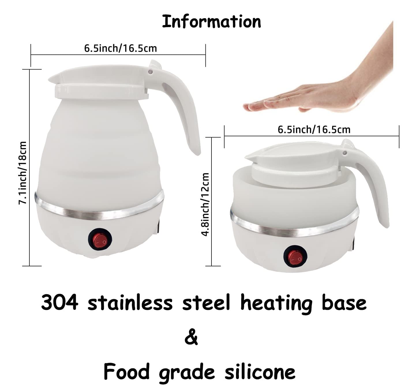 Foldable Portable Electric Kettle with Food Grade Silicone, 6 Mins Fast Water Boiling Tea Pot Coffee Pot for Camping or Travel, Collapsible Kettle with Separable Power Cord 110V US Plug 600ML White