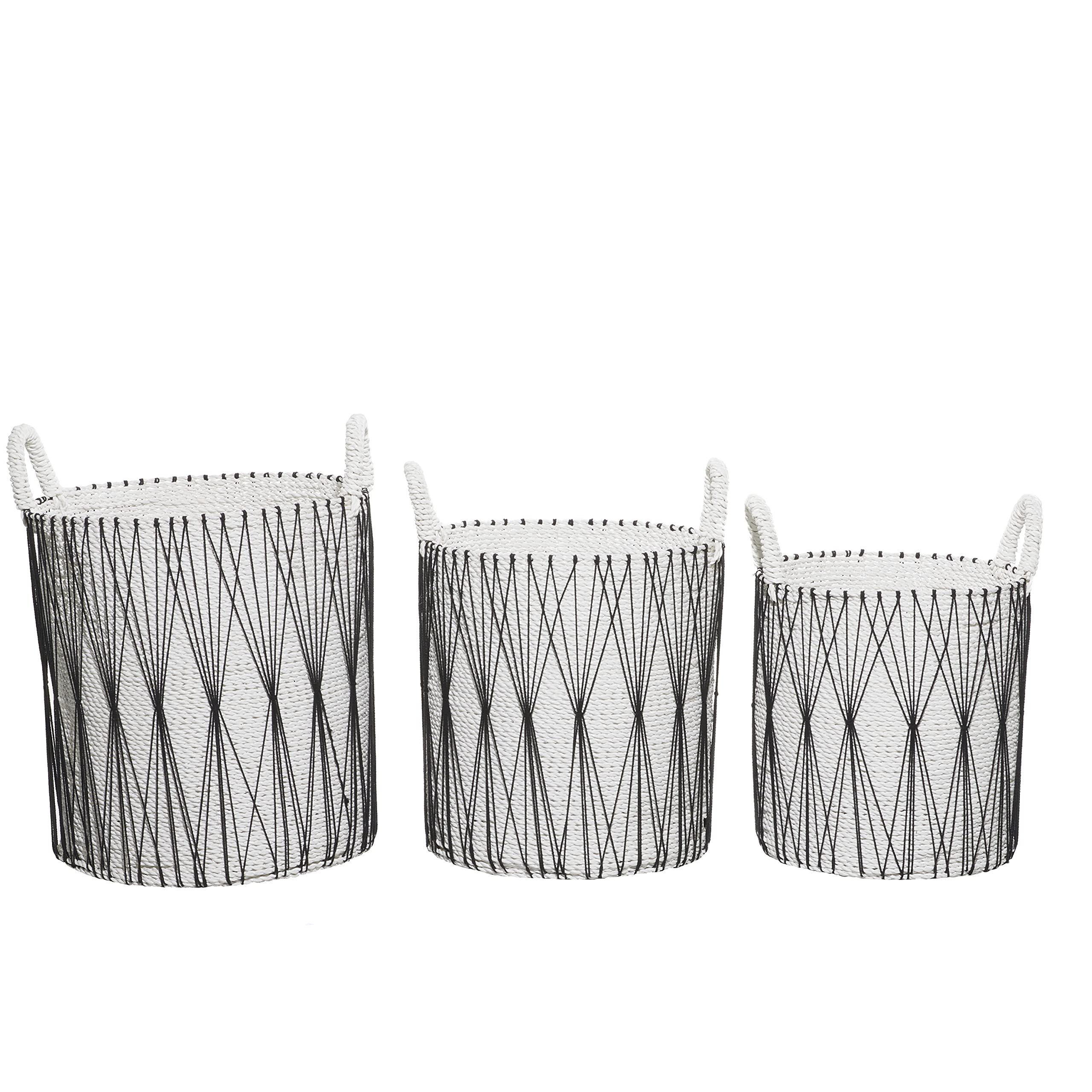 Deco 79 Plastic Handmade String Detail Storage Basket with Handles, Set of 3 21", 21", 19"H, White