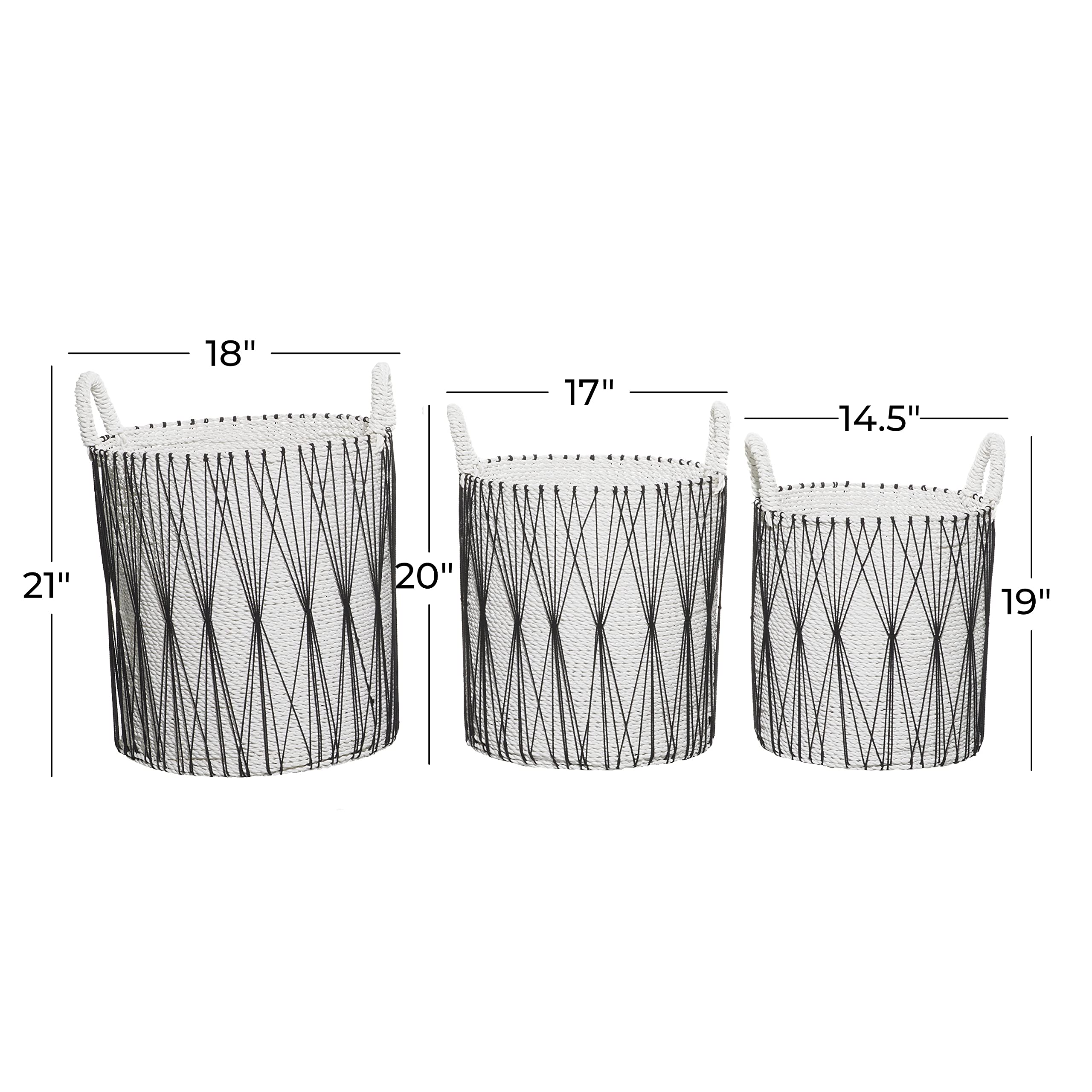 Deco 79 Plastic Handmade String Detail Storage Basket with Handles, Set of 3 21", 21", 19"H, White
