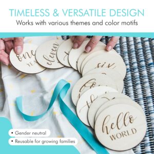 Baby Milestone Signs – Handcrafted Wooden Baby Milestones to Photoshoot Baby's First Year of Life, Set of 13 (Includes Hello World Newborn Sign, 1 Year and all Months Between)