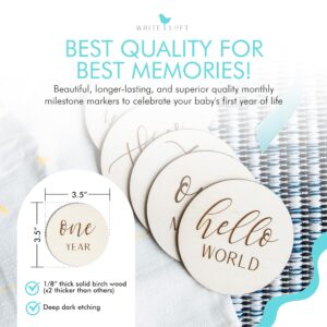 Baby Milestone Signs – Handcrafted Wooden Baby Milestones to Photoshoot Baby's First Year of Life, Set of 13 (Includes Hello World Newborn Sign, 1 Year and all Months Between)