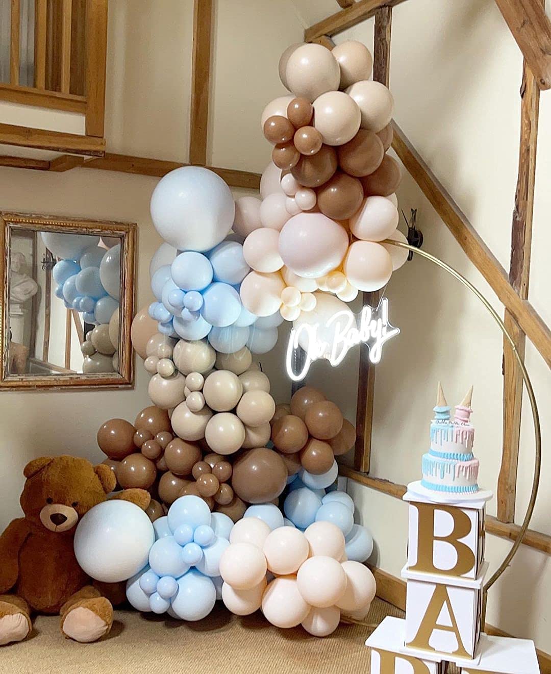 CLEVER WAREHOUSE Blue Brown Nude Coffee Ivory White Baby Shower Balloons Balloon Garland Arch Kit, Teddy Bear Baby Shower Gender Reveal Birthday Jungle Them Party Decorations Supplies for Boy Girl