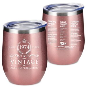 50th birthday gifts for women and men - 1974 50th birthday decorations - 12 oz insulated stainless steel wine tumbler with lid for her wife mom grandma aunt friend, rose gold