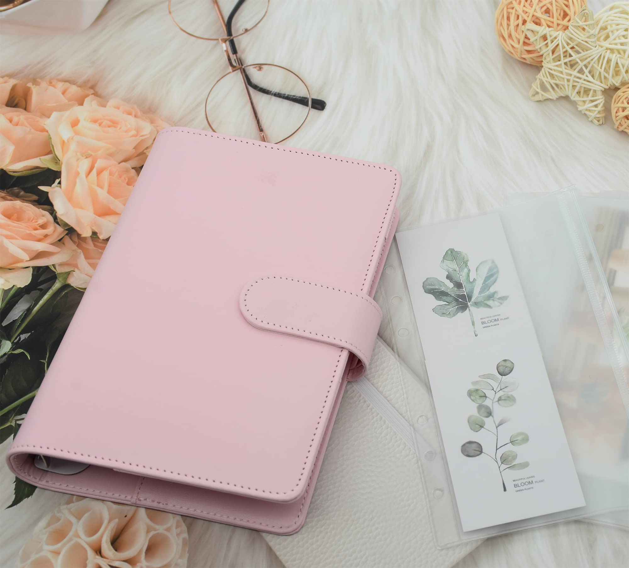 Twavang 15 PCS A6 Binder Pockets with PU Leather Notebook Binder Cover Refillable 6 Round Ring Binder Set for Personal Planner Organizer, Budget Binder, Savings Binder (Light Pink)