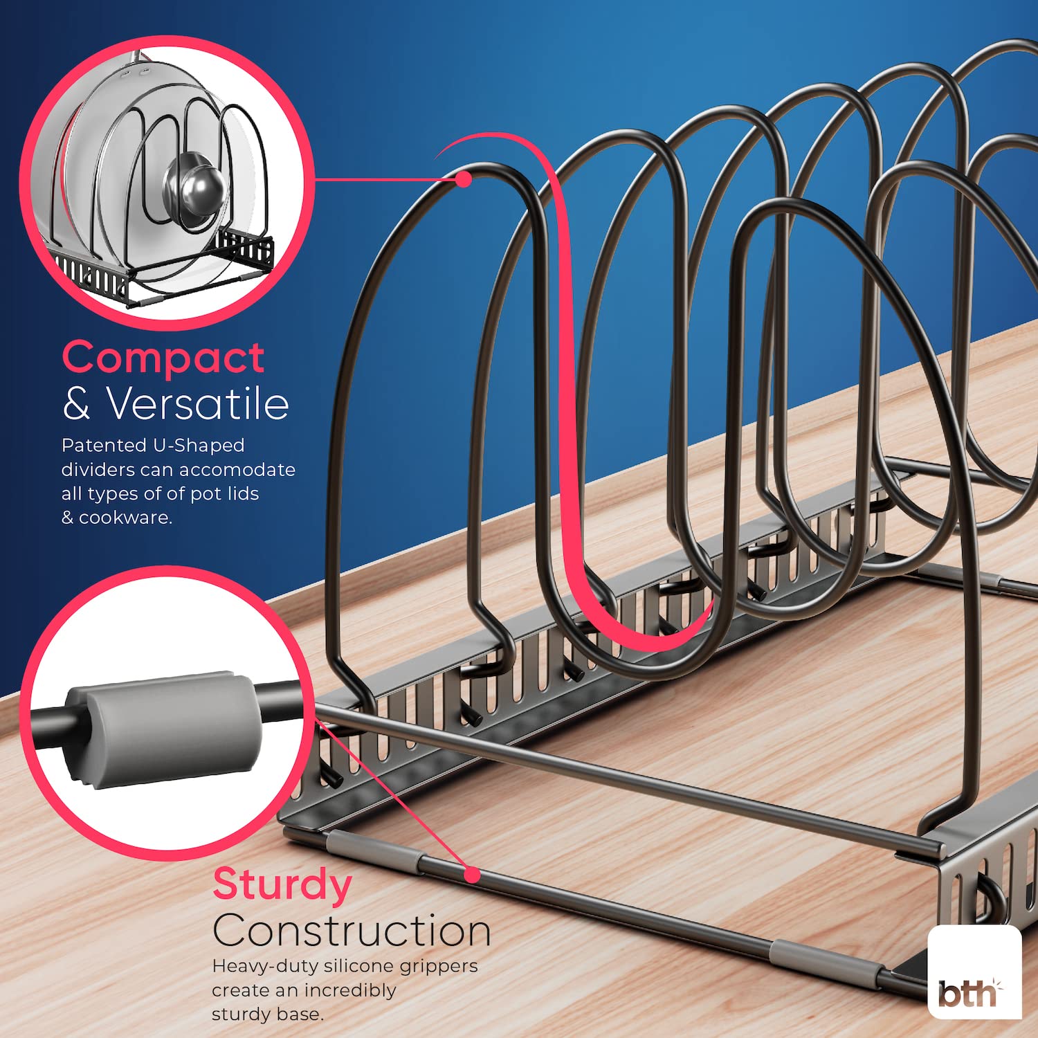 Anti-Scratch Adjustable Compartments by BTH Expandable Pot and Pan Organizer Rack for Cabinet – Heavy Duty Pot Lid Organizer for Kitchen Cabinet Under Sink Drawer Pantry (LARGE 7.5"W (DARK GREY))