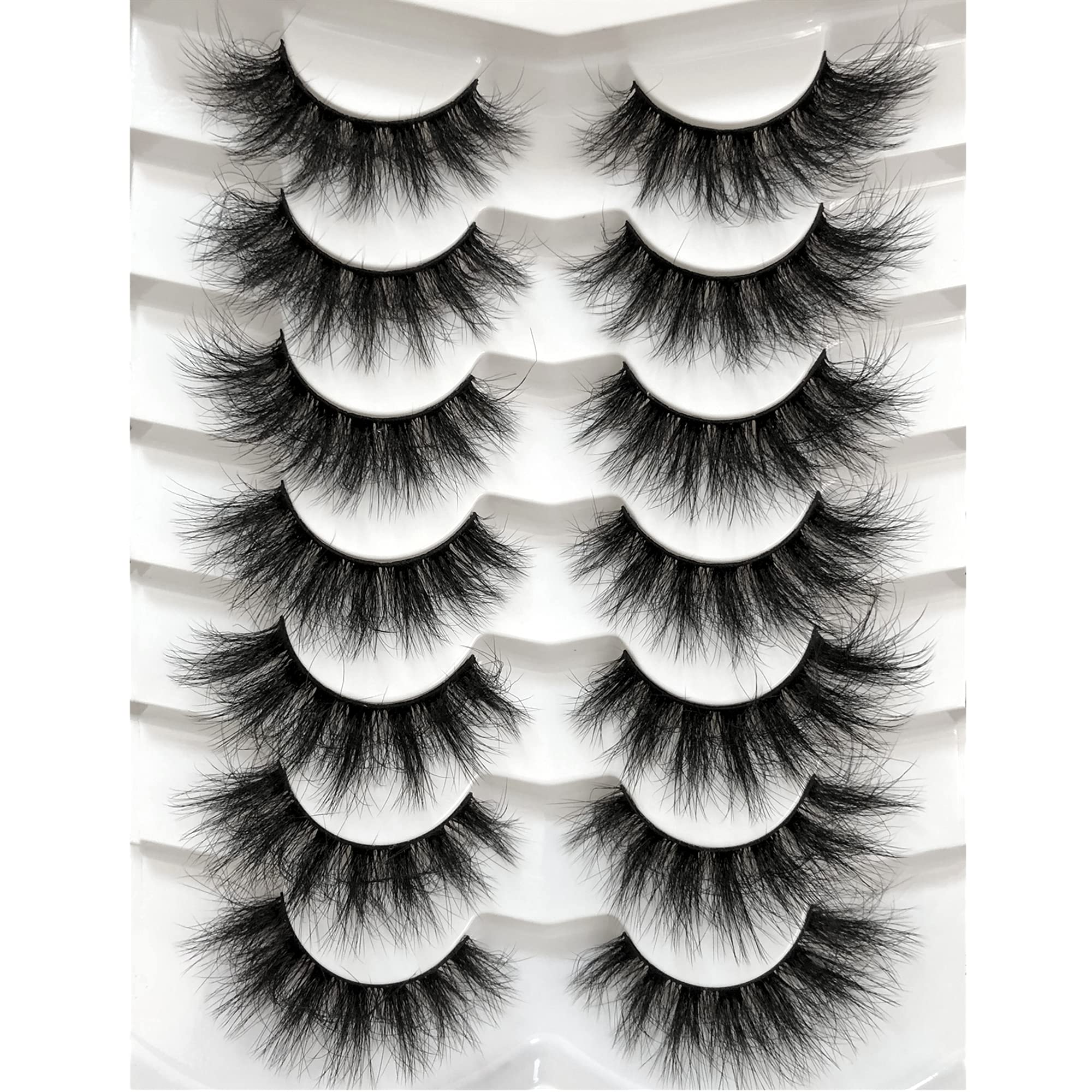 Pooplunch False Eyelashes Fluffy Mink Lashes Cat-Eye Look 18MM Wispy Long 8D Volume Fake Eyelash Strips 7 Pairs Pack