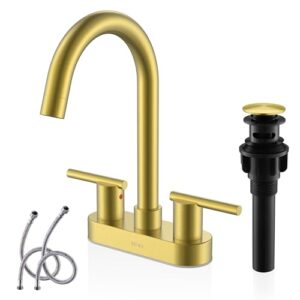 kenes brushed gold 4 inch 2 handle centerset bathroom faucet, 3 hole gold bathroom sink faucet, with pop up sink drain and two water supply lines, ke-9019-4