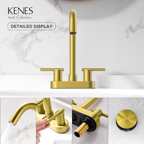 KENES Brushed Gold 4 Inch 2 Handle Centerset Bathroom Faucet, 3 Hole Gold Bathroom Sink Faucet, with Pop Up Sink Drain and Two Water Supply Lines, KE-9019-4