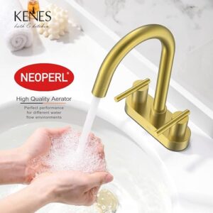 KENES Brushed Gold 4 Inch 2 Handle Centerset Bathroom Faucet, 3 Hole Gold Bathroom Sink Faucet, with Pop Up Sink Drain and Two Water Supply Lines, KE-9019-4