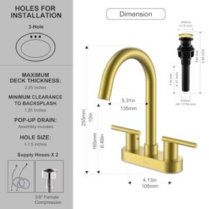 KENES Brushed Gold 4 Inch 2 Handle Centerset Bathroom Faucet, 3 Hole Gold Bathroom Sink Faucet, with Pop Up Sink Drain and Two Water Supply Lines, KE-9019-4