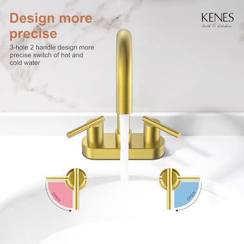 KENES Brushed Gold 4 Inch 2 Handle Centerset Bathroom Faucet, 3 Hole Gold Bathroom Sink Faucet, with Pop Up Sink Drain and Two Water Supply Lines, KE-9019-4
