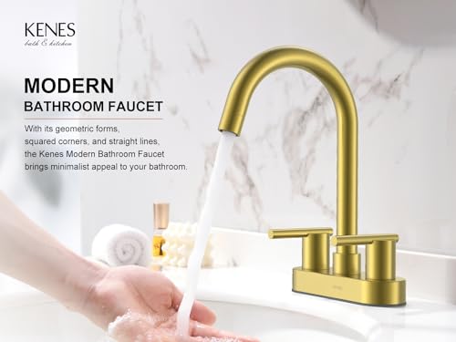 KENES Brushed Gold 4 Inch 2 Handle Centerset Bathroom Faucet, 3 Hole Gold Bathroom Sink Faucet, with Pop Up Sink Drain and Two Water Supply Lines, KE-9019-4
